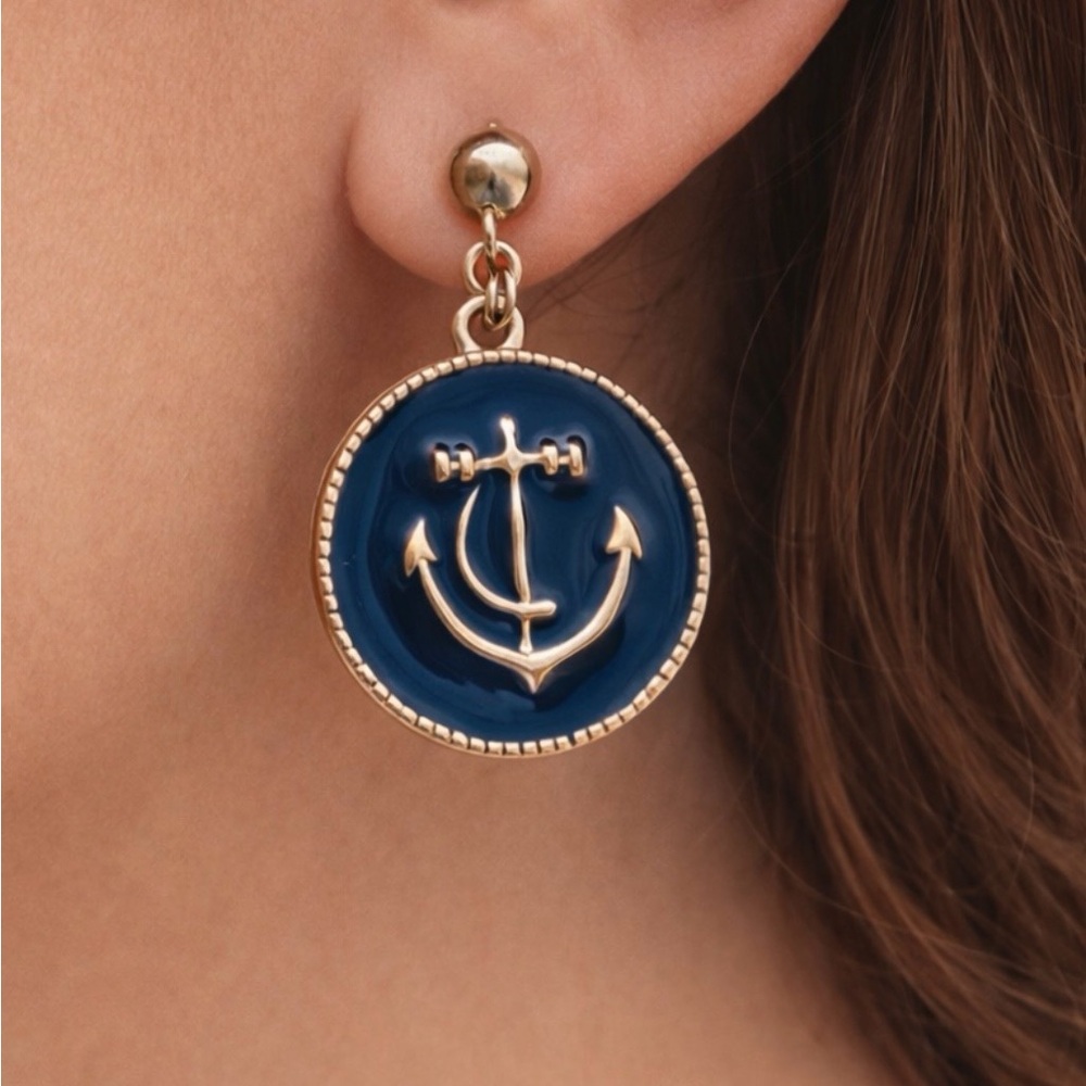 Gold Anchor Drop Earrings with Navy Enamel